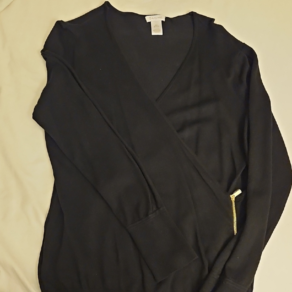 Cache Black Wrap-Style Long Sleeve Top with Gold Zip